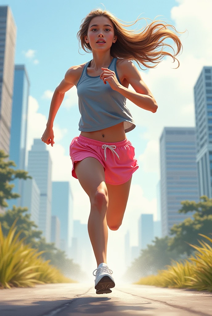 1 girl, standing alone, sprinting, gray top, shorts rosa, hypdertailed, athletic build, dynamic brushstrokes, fluid motion, capturing the essence of their athleticism and energy, using light colors and soft tones to create a dreamy, ethereal atmosphere, portraying the motion and grace of sprinting, showing the wind blowing her hypdertailed and clothes, and the landscape around you. plein-air, detailed back ground, Modern metropolis,