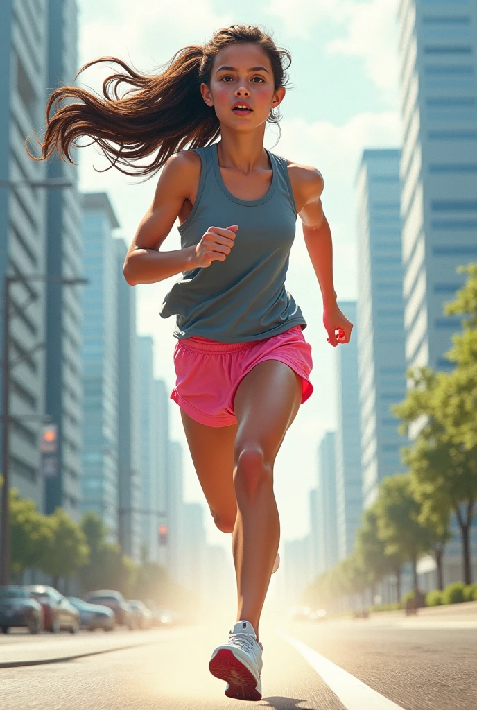 1 girl, standing alone, sprinting, gray top, shorts rosa, hypdertailed, athletic build, dynamic brushstrokes, fluid motion, capturing the essence of their athleticism and energy, using light colors and soft tones to create a dreamy, ethereal atmosphere, portraying the motion and grace of sprinting, showing the wind blowing her hypdertailed and clothes, and the landscape around you. plein-air, detailed back ground, Modern metropolis,