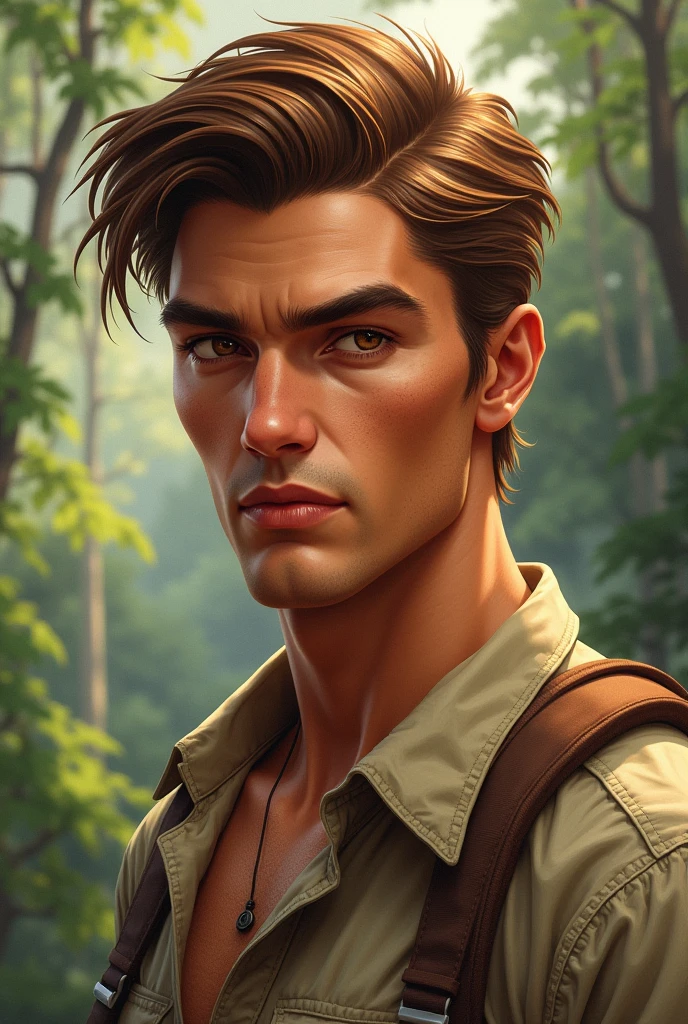 Create a hyper-realistic illustration of a young man, skin tanned, jaw and marked features, eyes browns, AND MEDIUM LONG HAIR, well combed back and coppery brown color, fully body, safari outfit