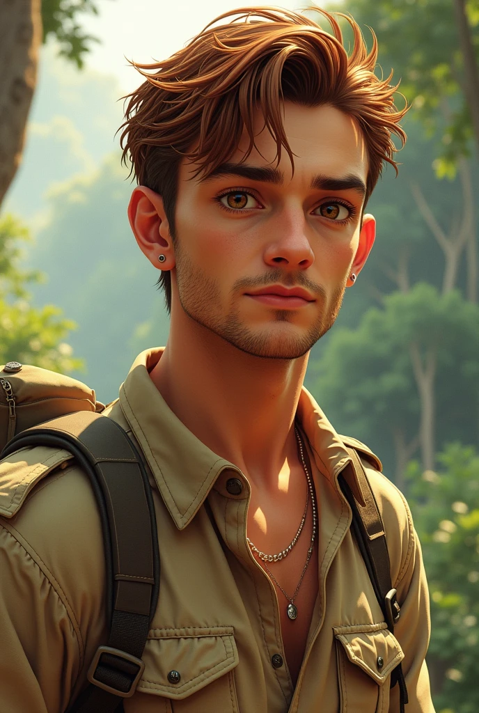 Create a hyper-realistic illustration of a young man, skin tanned, jaw and marked features, eyes browns, AND MEDIUM LONG HAIR, well combed back and coppery brown color, fully body, safari outfit