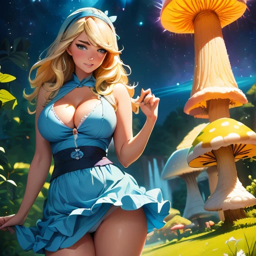 a beautiful 20 year old blonde Kate Upton with big messy hair in a blue dress, white stockings, black headband, cleavage, holding a glowing mushroom, fantasy art style, cartoon vibrant, cute detailed digital art, colorful digital fantasy art, digital fantasy art ), glossy digital painting, pastel vibrant,