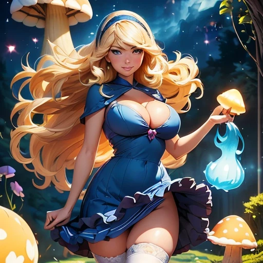 a beautiful 20 year old blonde Kate Upton with big messy hair in a blue dress, white stockings, black headband, cleavage, holding a glowing mushroom, fantasy art style, cartoon vibrant, cute detailed digital art, colorful digital fantasy art, digital fantasy art ), glossy digital painting, pastel vibrant,