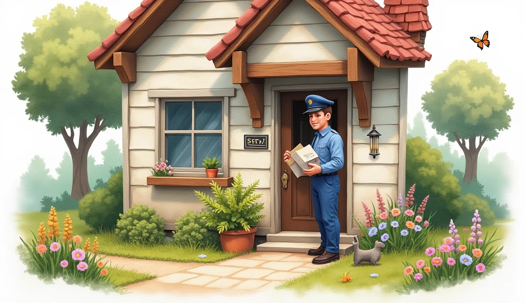 Watercolor art image of a house entrance the postman delivering letters to the house
