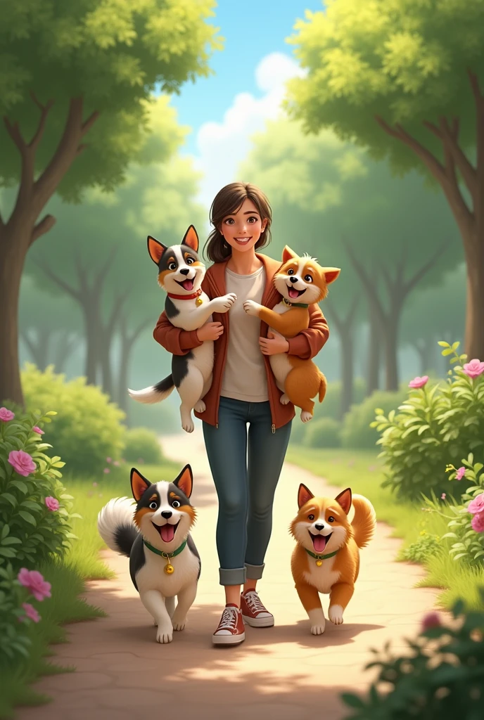 I want to create an image of me hold my dogs and walking 
