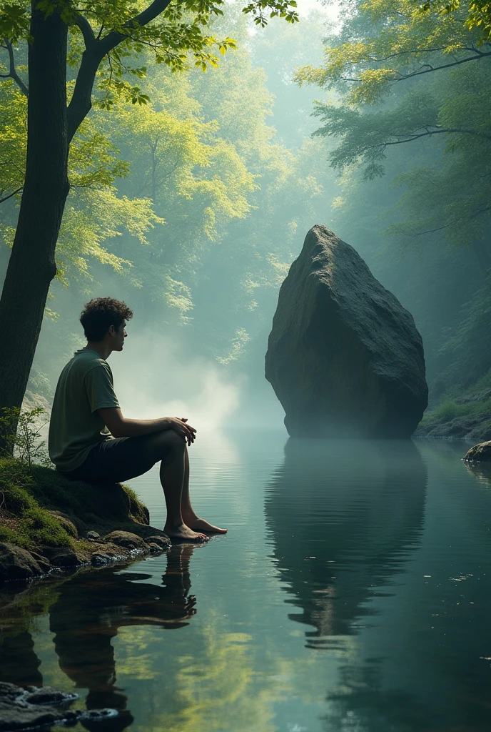 A boy aged 20  again' going into forest and sitting in Lake and seeing his face in the lake water and going suddenly a big rock falling  on him and that old  man stoping stone with his hands throw the bid rock by lifting it throw way form him