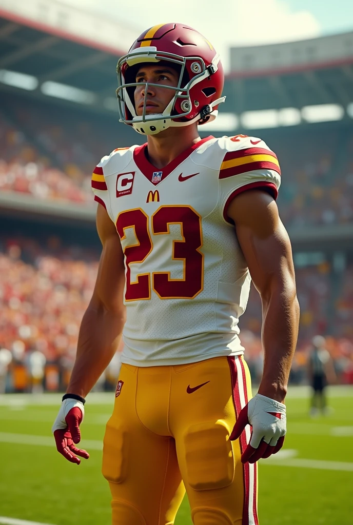 Christian McCaffery in a McDonald inspired football uniform with jersey #23 with McDonalds logo 