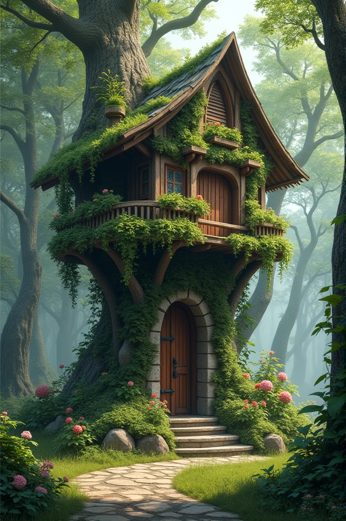 A magical refuge in an enchanted forest, built with a combination of elemental magic and nature. The shelter is a robust and elegant structure, made of durable materials that combine water, fire, land and air. The structure is partly a tree house, with earth walls that blend harmoniously with large living tree trunks. The walls are adorned with green vines and bright flowers.. The roof is a mix of large leaves and intertwined branches that offer shade and protection.. Around the shelter, There is a light magical mist that highlights the atmosphere of mystery. Living trees are strategically placed around the shelter, providing a natural and vigilant defense. The environment is serene, with soft light filtered through the canopy of tall trees.