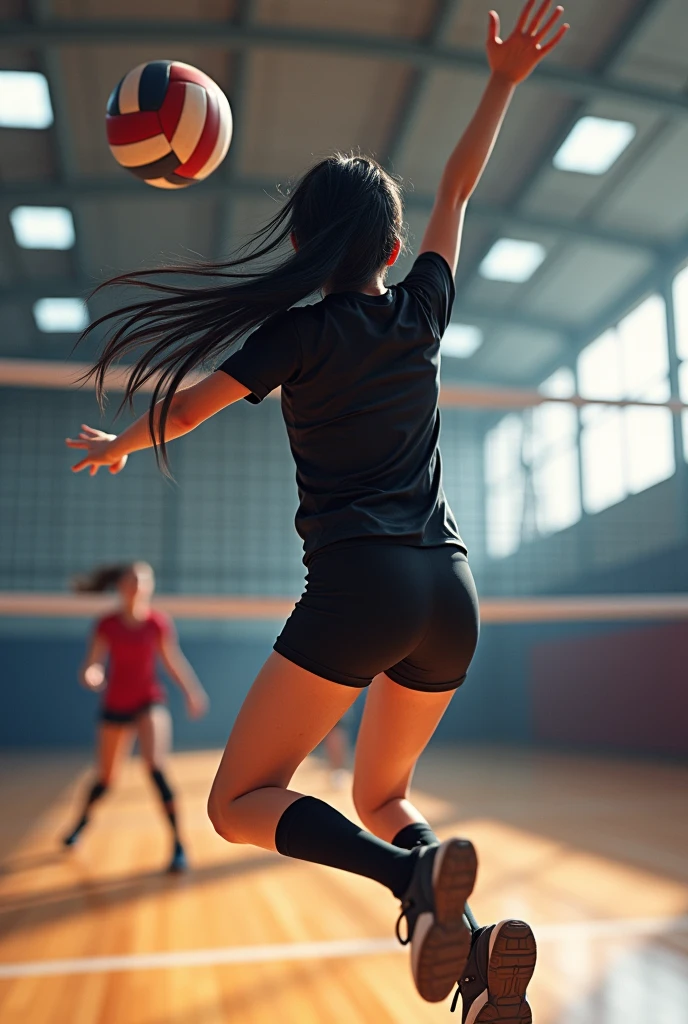 make a fifteen year old girl with black hair playing volleyball all in black from behind and on an indoor volleyball court