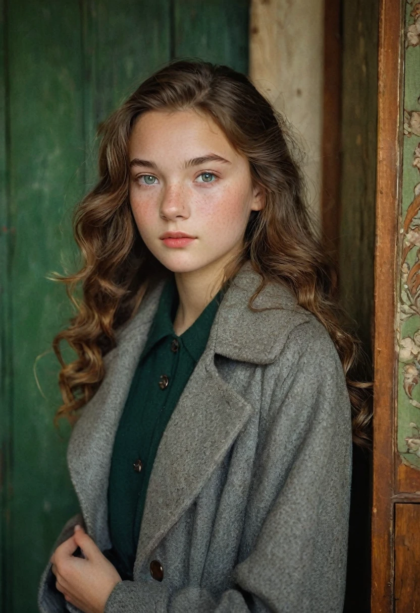 Young Teenage girl, Nordic Ethnicity, greenish gray eyes, matured looking face, wavy slight long hairstyle, brown hair with a perfect face and small breasts, with freckles, old school female clothes, long coat, vintage dressing, vintage clothing, old school background, wood work, furniture, vintage vibes in background