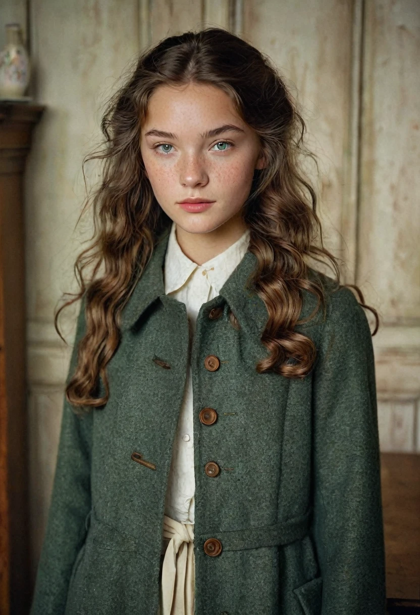 Young Teenage girl, Nordic Ethnicity, greenish gray eyes, matured looking face, wavy slight long hairstyle, brown hair with a perfect face and small breasts, with freckles, old school female clothes, long coat, vintage dressing, vintage clothing, old school background, wood work, furniture, vintage vibes in background