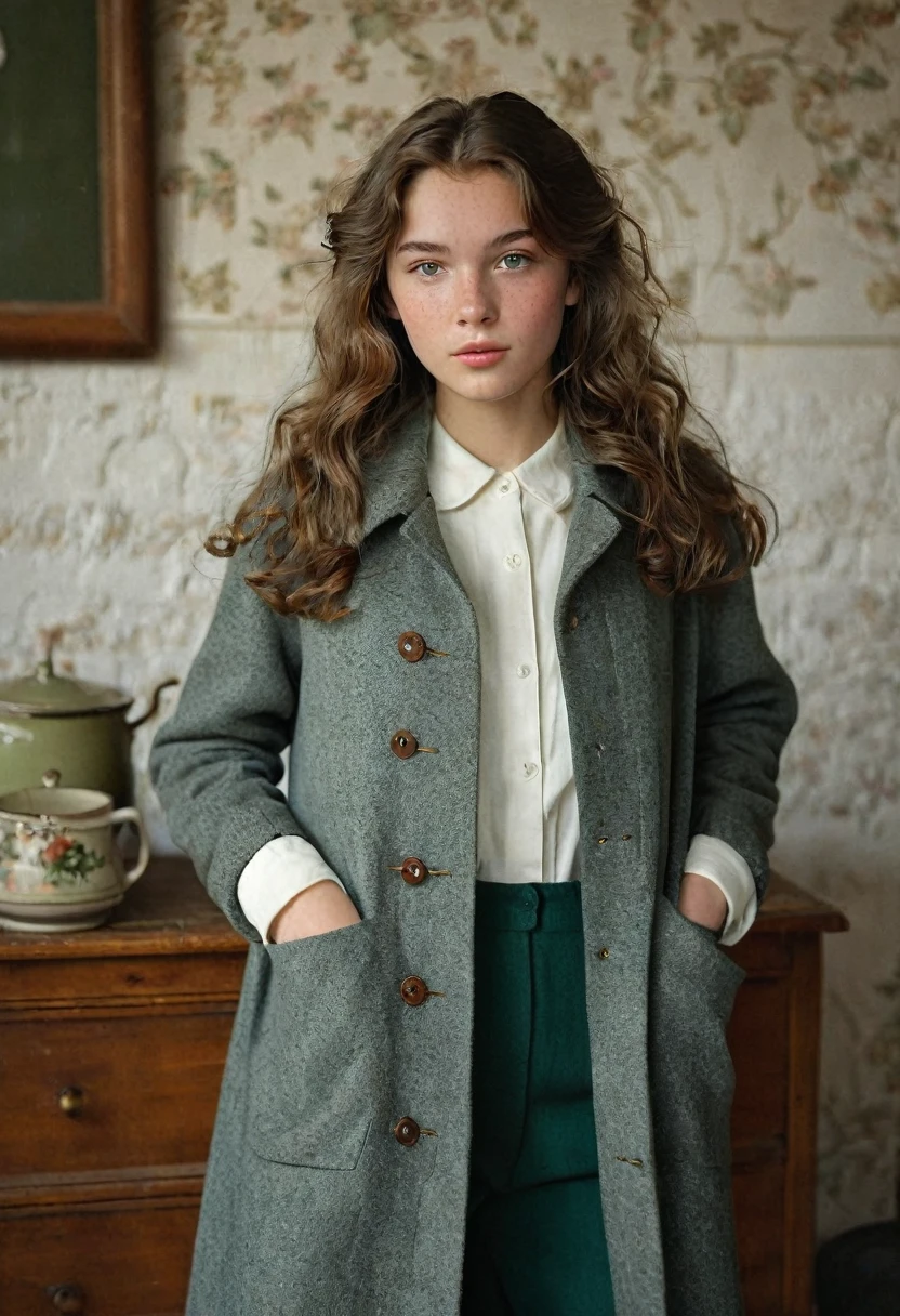 Young Teenage girl, Nordic Ethnicity, greenish gray eyes, matured looking face, wavy slight long hairstyle, brown hair with a perfect face and small breasts, with freckles, old school female clothes, long coat, vintage dressing, vintage clothing, old school background, wood work, furniture, vintage vibes in background