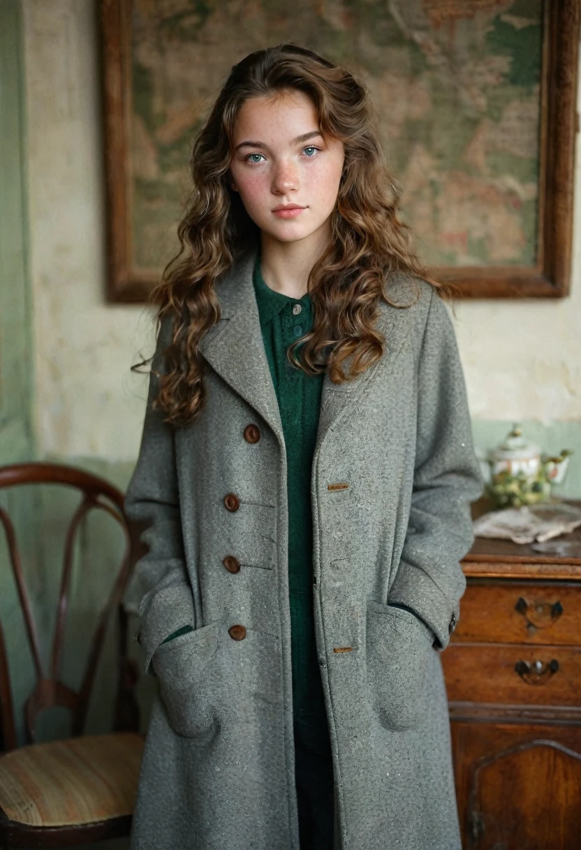 Young Teenage girl, Nordic Ethnicity, greenish gray eyes, matured looking face, wavy slight long hairstyle, brown hair with a perfect face and small breasts, with freckles, old school female clothes, long coat, vintage dressing, vintage clothing, old school background, wood work, furniture, vintage vibes in background