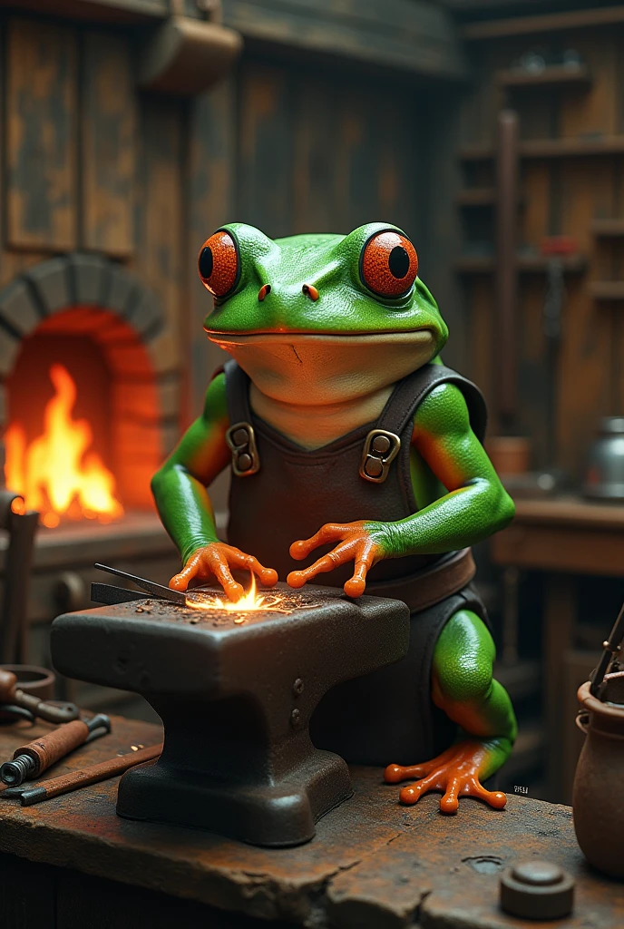 Retro Images,Storytelling,Tree frog,Ultra-realistic,high resolution,Frog is a blacksmith
