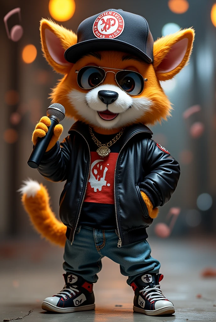 The mascot's head should be wearing a cap or hat with a hip-hop theme, such as a hat with a logo or symbol that represents the brand's style. The mascot's appearance should be friendly and cool. Sunglasses or hip-hop accessories can be added to make it stand out. For clothing, the mascot should wear clothes that are consistent with the hip-hop theme, such as graphic t-shirts., leather jacket, and jeans to enhance the uniqueness and fun. Holding a microphone or headphones is an important accessory that can help enhance the representation of the hip hop style of the mascot very well. In addition, adding musical notes as a background or other accessories will make the mascot look more interesting. The colors used in the design should be striking and modern colors, such as black., white, Red or orange, which will help the mascot stand out and be easily remembered. The mascot's gestures should be confident and full of energy, such as holding a microphone or doing dance moves to convey confidence and fun.