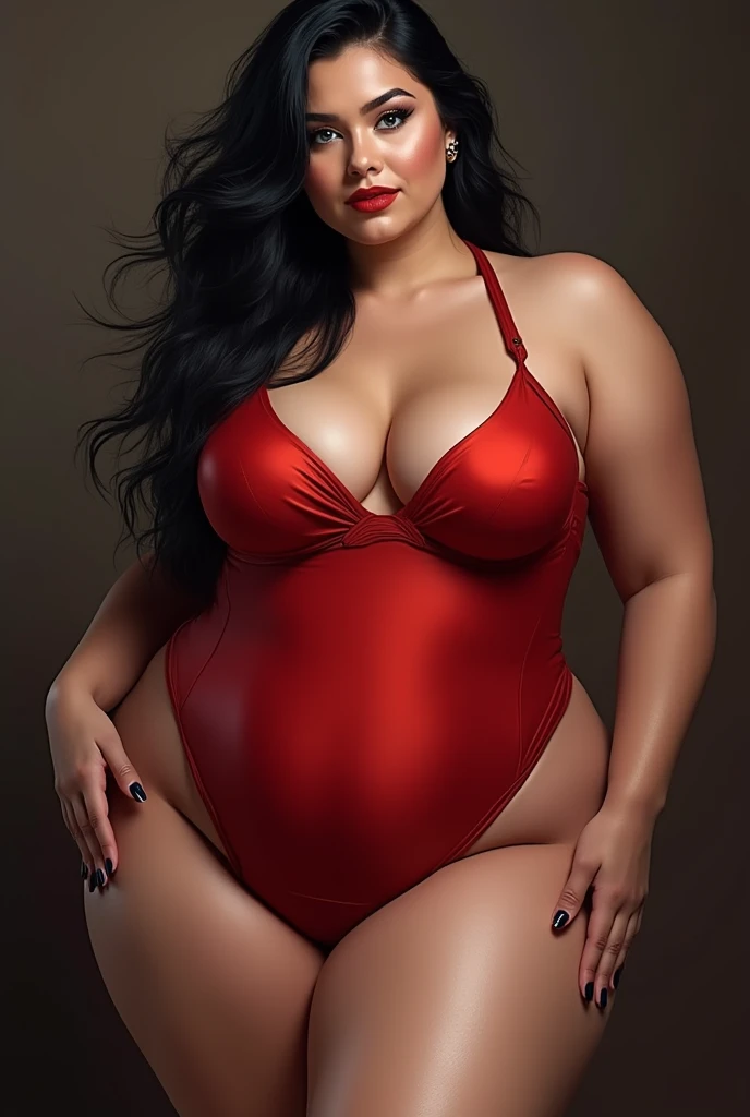 voluptuous woman dressed in red, with big breasts, big hips, long and shapely legs, black hair, blue eyes, Red lips, White skin