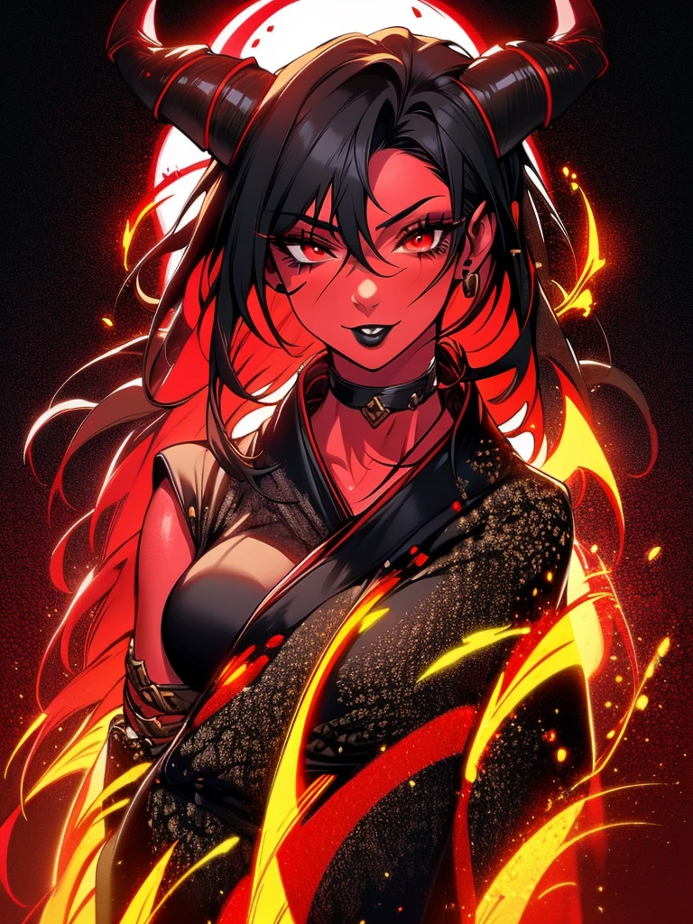 (colorful:1.3),(masterpiece:1.2), best quality, original, extremely detailed wallpaper, looking at viewer, (1girl, red skin, dark red skin, crimson skin, red eyes, black hair,long black hair, (long straight black horns), make-up, mascara, black lipstick, red eyes), (natural breasts, medium breasts, fully clothed, black long robe, black kimono), highly detailed, face focused, detailed face, ((red skin)), extremely detailed, red eyes, electric, red moon, Rays of Shimmering Light, Cinematic Lighting, Matte, Stone, Milky Quartz, Opalite, Jewelry, Silk, Feathers, fire splash, steam, fire, flames, sparks, lensflare, rim lighting, backlighting, Bracelet, Chromatic Aberration, RTX, Post Processing