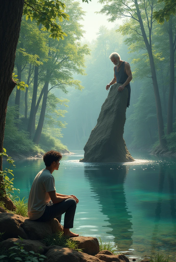 A boy aged 20 again' going into forest and sitting in Lake and seeing his face in the lake water and going suddenly a big rock falling on him and that old man stoping stone with his hands throw the bid rock by lifting it throw way form him ,keep old man in picture