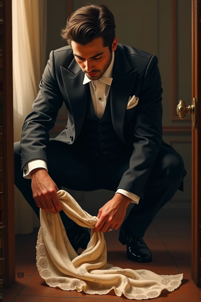 novel cover, man picking up a lady's scarf from the floor