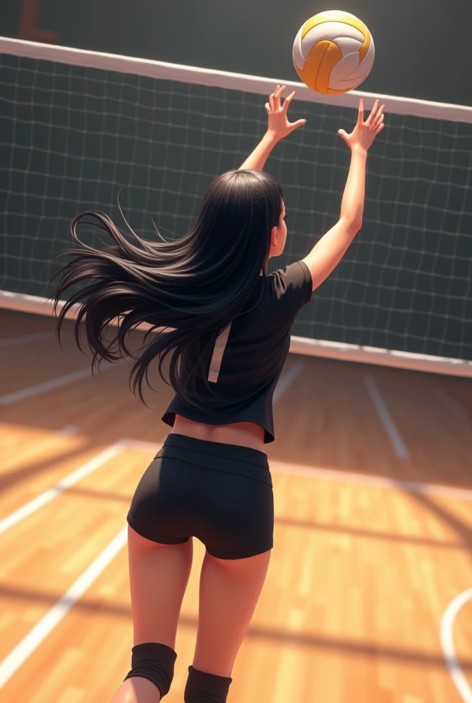 make a fifteen year old girl with black hair playing volleyball all in black from behind and on a realistic indoor volleyball court