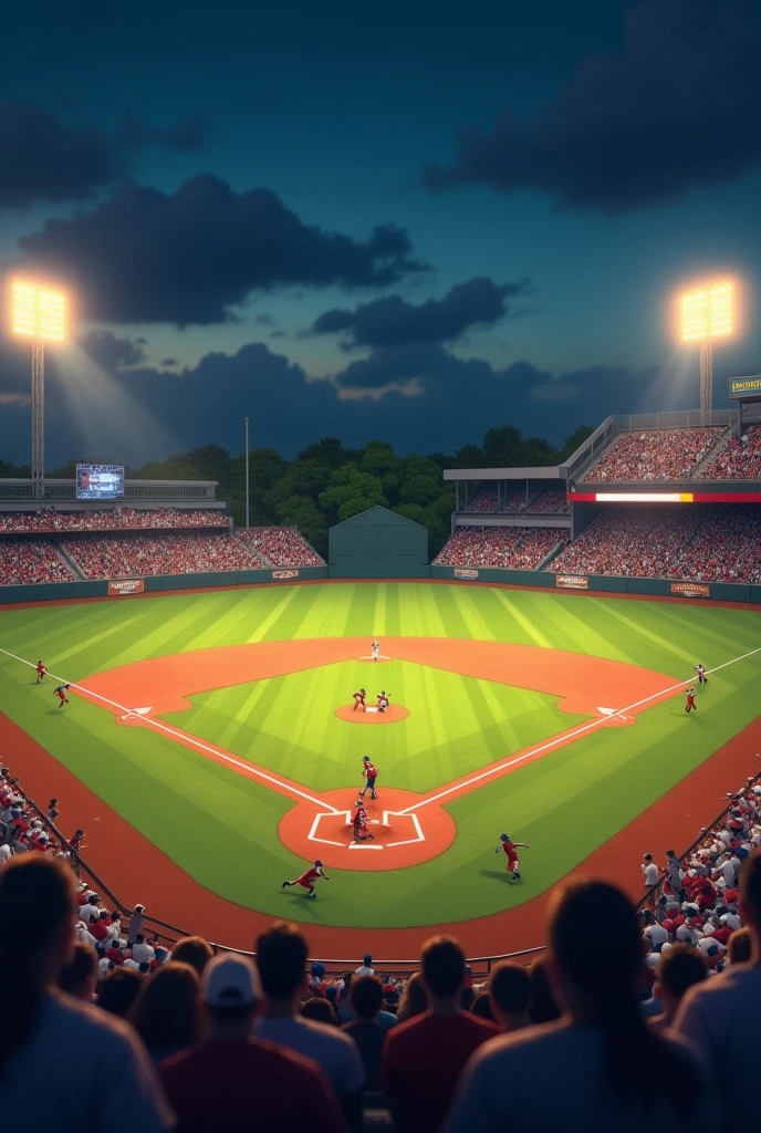((masterpiece, highest quality, Highest image quality, High resolution, photorealistic, Raw photo, 8K)), arafed view of a little league baseball game, night time, under lights