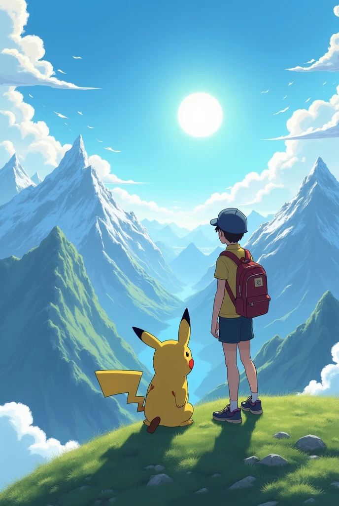 Pikachu and his trainer looking at the sun on top of a mountain