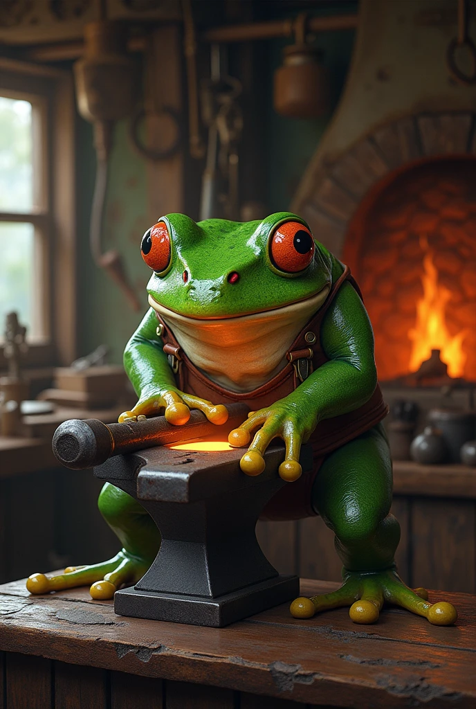 Retro Images，Storytelling，Tree frog，Ultra-realistic，high resolution，Frog is a blacksmith