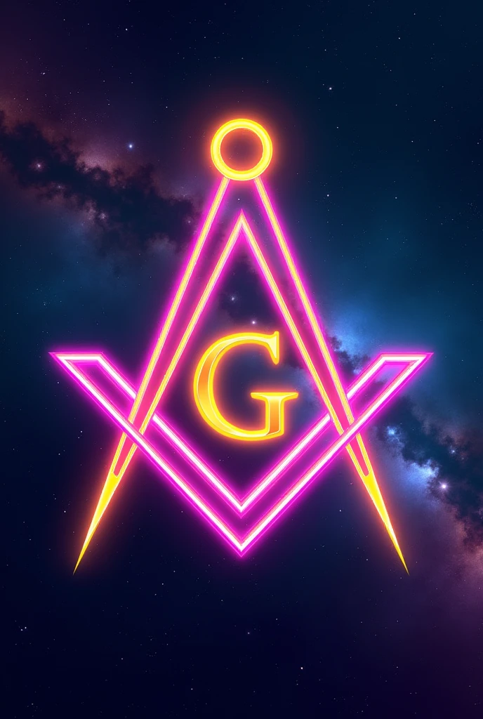 Create in full color with modern neon colors, the Masonic square and a compass with points on it and in the center of both tools, the capital letter G resplendent in gold. All of the above with a sidereal background of galaxies and stars.
