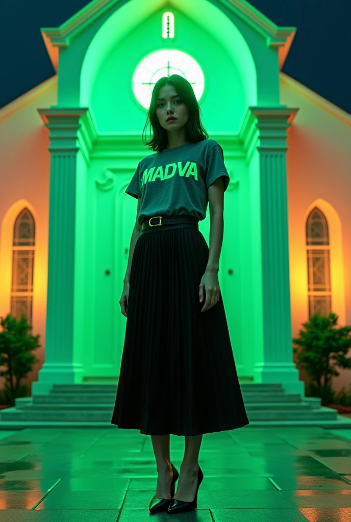 Make an image of a woman ,wearing black mid-length pleated skirt, gray t-shirt with neon green letters saying UMADVA on the front, black heel shoe, scene behind a church with led panel in neon green tones