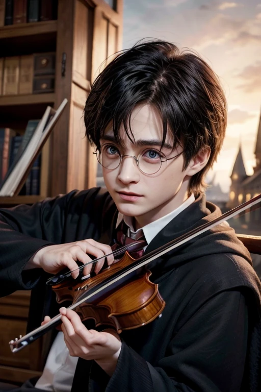 Harry Potter book character, anime version, playing the violin
