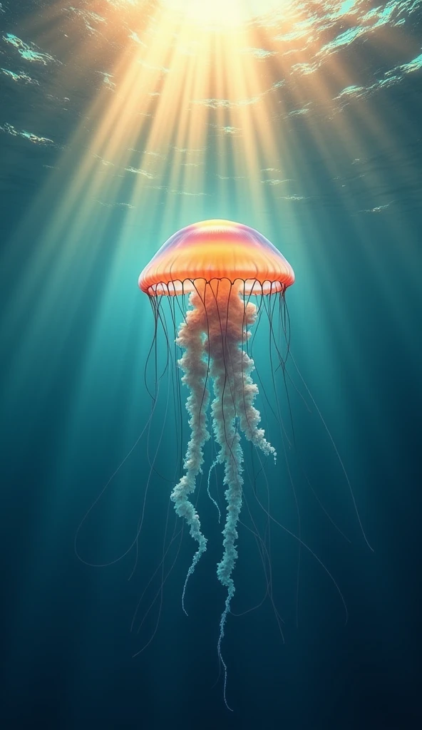 The jellyfish seen from below, with sunlight filtering through the water.