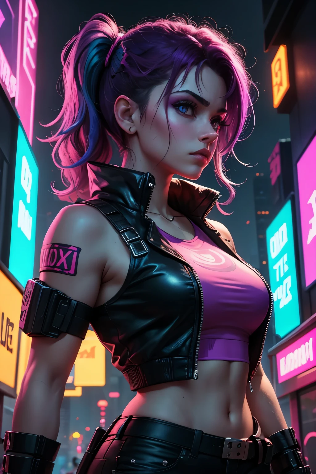 there is a woman with a wide strong build holding, big shoulders and arms just very strong looking and muscular a baseball bat in her hand, cynthwave, headshot profile picture, profile image, profile picture, profile shot, full costume, taken in the early 2020s, inspired by Ion Andreescu, as a d & d character, halfbody headshot, female marty mcfly, 1 / 2 headshot, pictured from the shoulders up close up of a person standing in front of a neon sign, there is a woman that is standing in front of a neon sign, kilian eng vibrant colors, neon digital art, kilian eng vibrant colours, cyberpunk art style, ultraviolet and neon colors, neon art style, dreamy colorful cyberpunk colors, neon cyberpunk vibrant colors, synthwave art, neon basement, epic retrowave art, [ synthwave art style ]!! ]!!il ooks a blend of grimes, she has purple hair, grand theft auto style, 