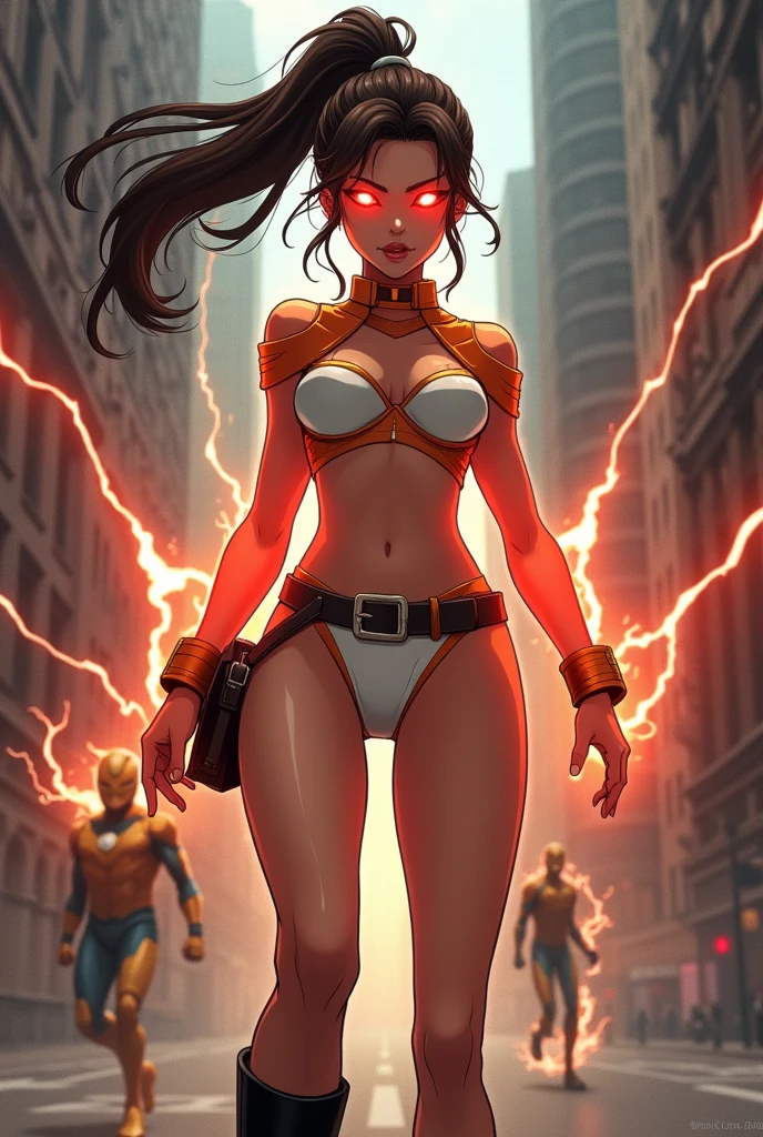 Anime style. Full body art of a Sultry and Beautiful young woman with a soul of pure evil and hatred. Supervillain tall woman with long brunette hair tied back into a ponytail, her eyes glow bright red with overwhelming powerful energy barely being contained by her will alone, she is wearing a skimpy costume with white and orange colors. Black ankle boots complete her look. The setting is a city street with a costumed hero attempting to capture her. She is shooting energy blasts from her eyes