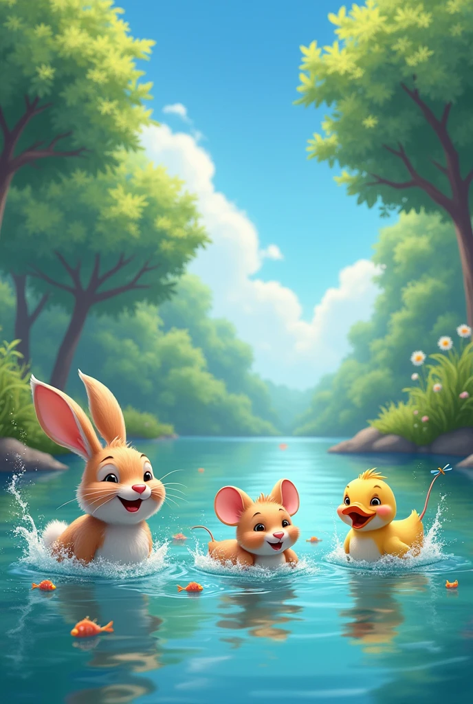 Image where the rabbit, the mouse and the duck are happy in the river