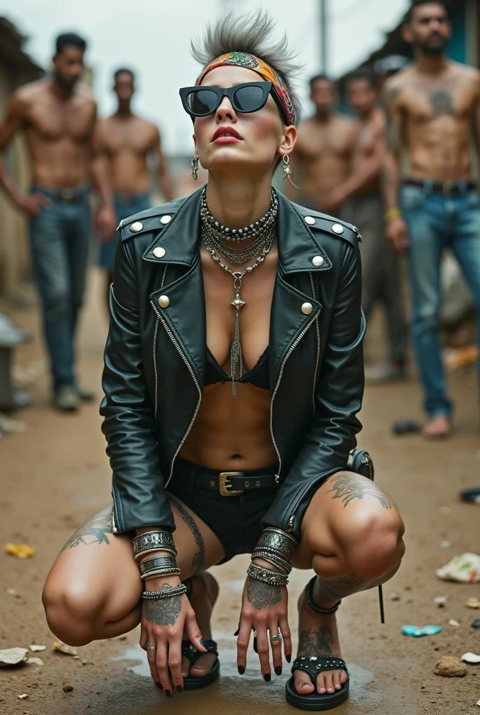 russian milf woman, grey hair (pouf, huge top bun and shaved sides),  oversized square maxisunglasses, colourful bandana as headband, with very light blue eyes, extremely pale skin. Wearing tight aged black moto jacket  studded collar) with lots of zippers and pins; shiny black plastic  bikini, flip flops . Chain around hips like belts. Dirty knees and dusty hands. Lots of metallic bracelets, lots of boho pendants and lots of colourful beads collars. Long huge boho. Chains around the hips. Squatting on a puddle with hands on her hips, looking up, chin up, stretching her neck , humble facial expression. Bracelets in ankles and rings in fingers. Black nail polish. studded black leather tote bag with chain  on the floor, next to her..  Listening looking up  in amazement to somebody speaking to her from the sky, upper teeth visible. Well toned abdominals, thin neck, slim legs and thin arms.  Narrow hips  Cleavage, stomach, neck, tigh and hands completely covered with tattoos.  Dirt street in Kenyan village full of waste. A lot of tanned shirtless fat men in jeans around looking at her. next to her, all her belongings scattered on the floor: tobacco packs, makeup kit, little makeup mirror, studded black leather tote bag, lipstick, wallet, moble etc on the floor