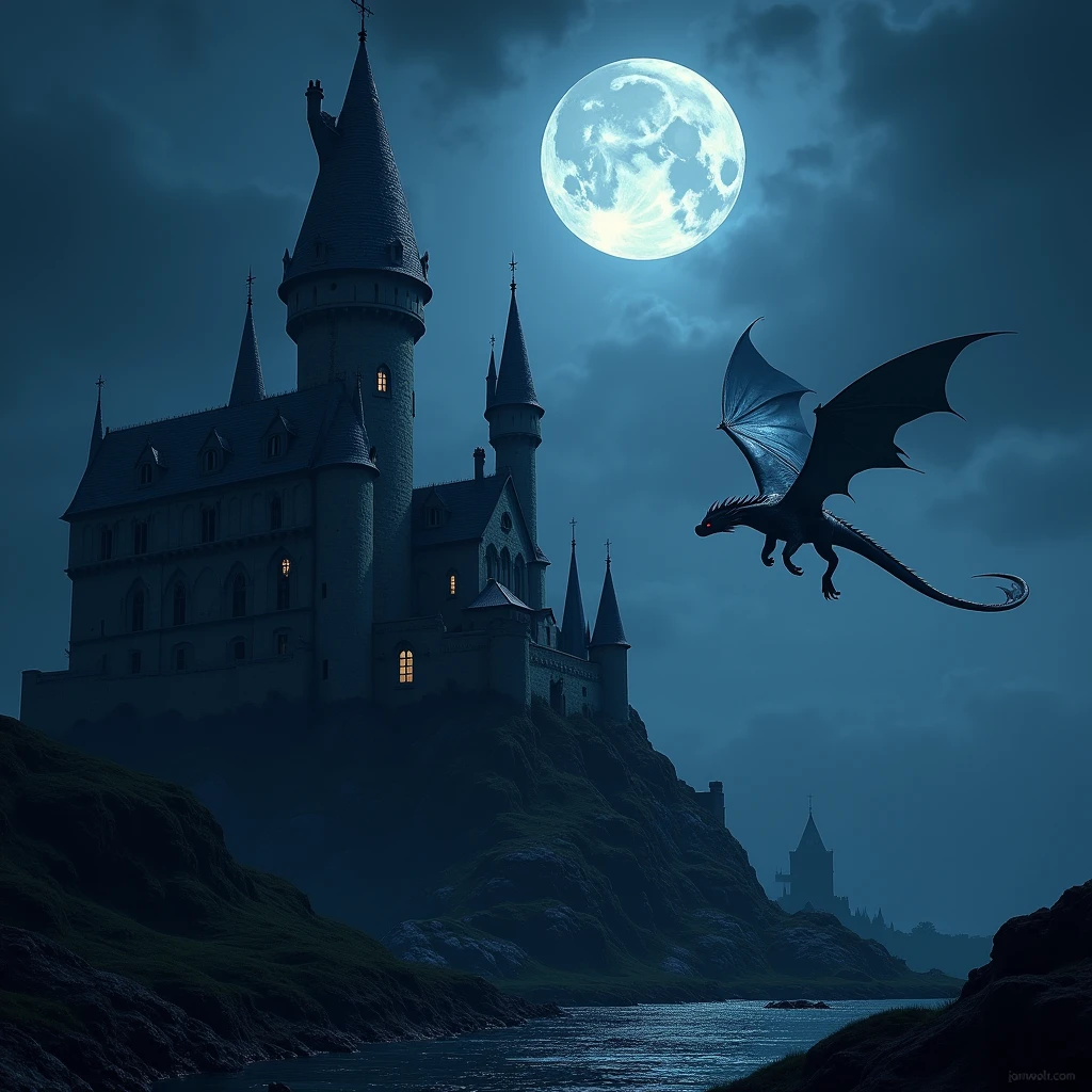 A gothic castle at night, beautiful moonlight, in the background a dragon flying through the sky.