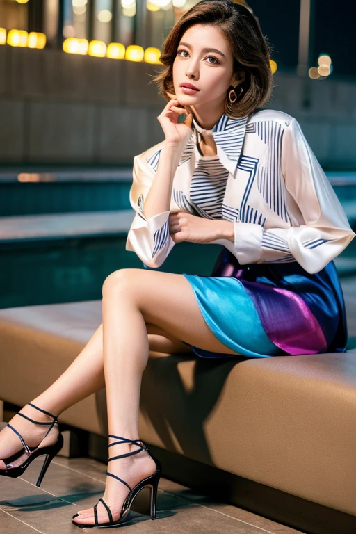 colorful shirt with collar、(Geometric pattern long skirt:1.2)、(silk pantyhose)、(She is sitting, showing off her beautiful legs and high heels)、1 girl、(Delicate face、Detailed eyes and face、double eyelid、Glossy lips)、Moisturized skin、Highly detailed face and skin texture、Two well-balanced legs、((Highest quality、Ultra-high resolution、masterpiece、8k))、((Perfect Anatomy、Anatomically correct))、(Full Body Portrait)、Modern architecture at night on the background、Professional Lighting