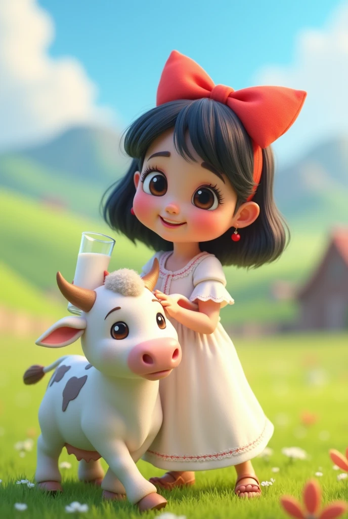  girl with black hair and a red bow on her head, white dress next to a cow, with a glass of milk in hand, 3D cartoon style, cinematic