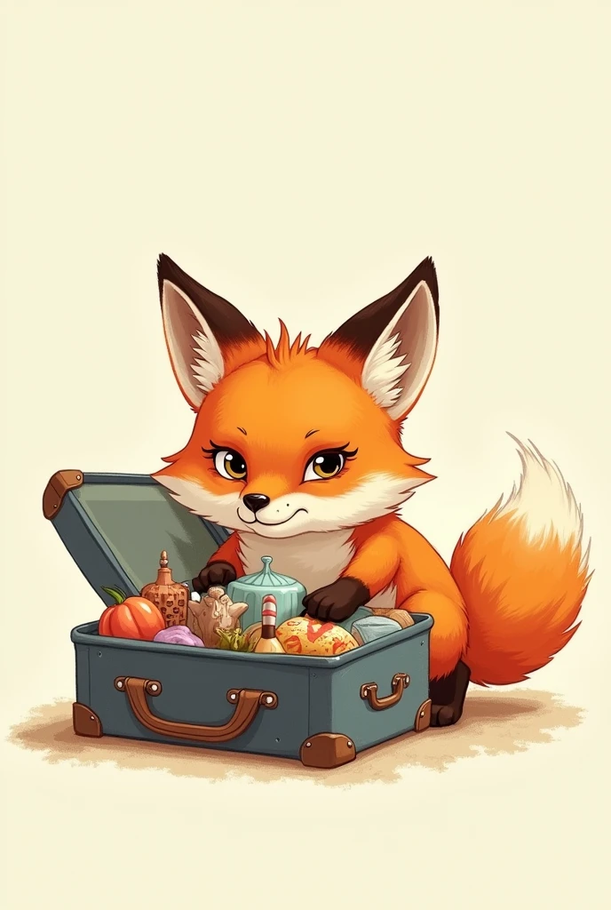 Children Fox, who tries to close a full suitcase, without background