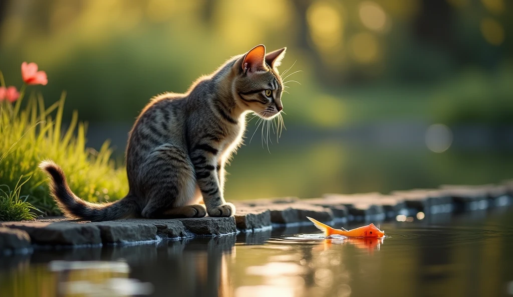 super realistic, A cat sits on the bank of a pond in the garden, only the tip of his tail is submerged in water. The cat looks at the tip of its tail, You can see in the pond, How fish swim. Does a cat try to catch fish with its tail??? (lol) Bokeh effect, depth of field, hyperrealistic, Professional photography, Cinema Lighting