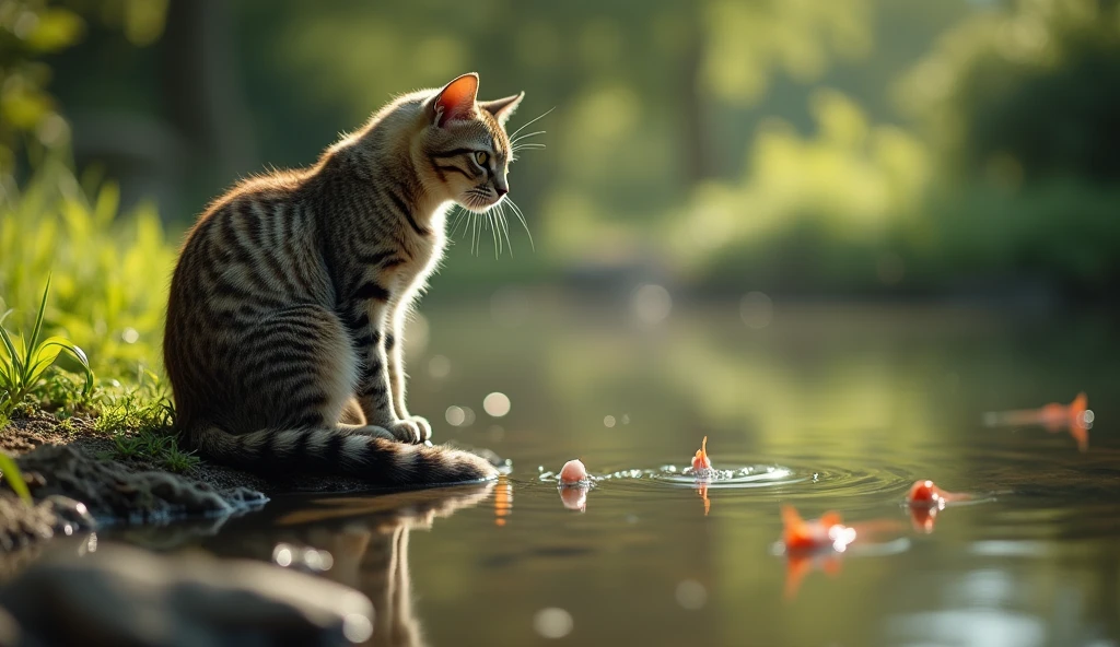 super realistic, A cat sits on the bank of a pond in the garden, only the tip of his tail is submerged in water. The cat looks at the tip of its tail, You can see in the pond, How fish swim. Does a cat try to catch fish with its tail??? (lol) Bokeh effect, depth of field, hyperrealistic, Professional photography, Cinema Lighting