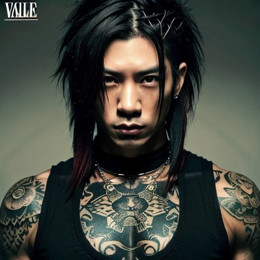 1 man, Japanese man, male, Asian eyes, muscular, broad shoulders, yakuza tattoos, hairstyle Visual Kei style, hair Visual Kei, black men's shirt and black pants, ultra detailed face, hyperrealistic, realistic representation, long hair, long hair, 30 years old, age 30 years, blonde hair
