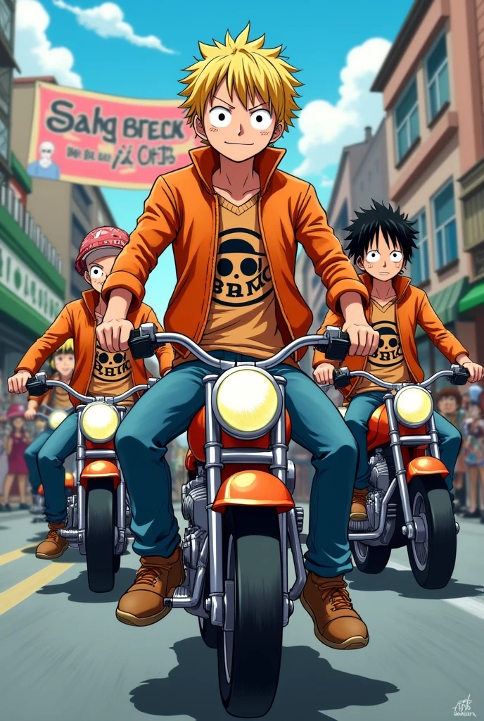 Anime one piece sabo riding a mini moped , Sabo took his group on a motorbike , they all wear orange motorcycle jackets , On the motorcycle jacket there is BBMC written in the middle , all wearing long jeans, and wear shoes , all members are excited , in front holding a banner that says Sabah Moto Day 7.0