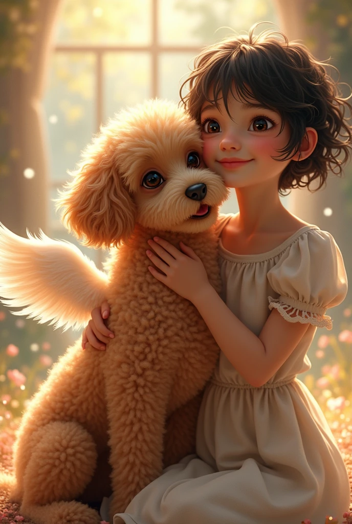 Little dog with angel wings, brown poodle breed, with her young white owner, short dark hair