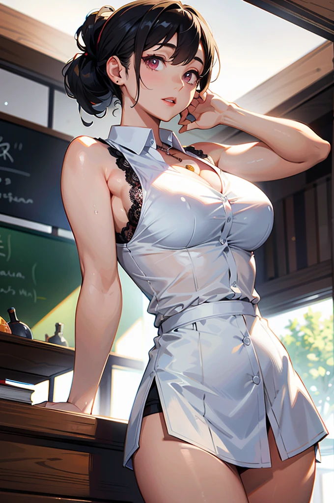 masterpiece:1.2、8k、Real、Photorealistic:1.37、Super detailed、Close up on face、Photo from chest up、Bust、Big Breasts、1 female、Staring at the audience:1.5、Big Breasts、(Black Hair、Hair tied up)、(White lace sleeveless shirt、Collared, button-front sleeveless shirt、White tight shirt、Garnet Necklace、Large Breasts、Ample breasts)、A bright, sunny classroom