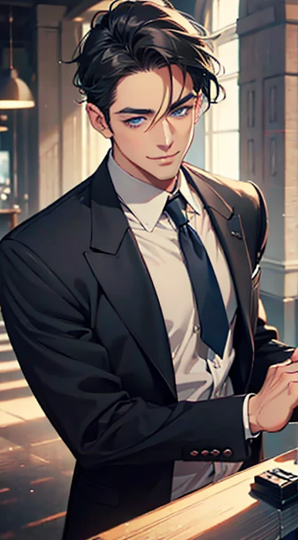 a mature man with short grey Black hair, blue eyes, 31 years, and a perfect face, smiling in love, CEO, cinematic lighting, 1:4 HDR image, top view, ultra detailed, best quality, masterpiece, 8K, photorealistic, beautiful image