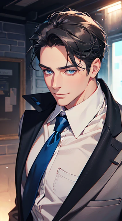 a mature man with short grey Black hair, blue eyes, 31 years, and a perfect face, smiling in love, CEO, cinematic lighting, 1:4 HDR image, top view, ultra detailed, best quality, masterpiece, 8K, photorealistic, beautiful image