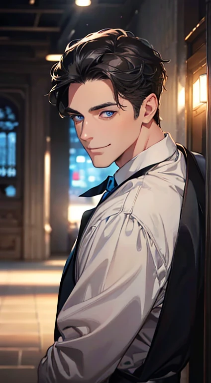 a mature man with short grey Black hair, blue eyes, 31 years, and a perfect face, smiling in love, CEO, cinematic lighting, 1:4 HDR image, top view, ultra detailed, best quality, masterpiece, 8K, photorealistic, beautiful image