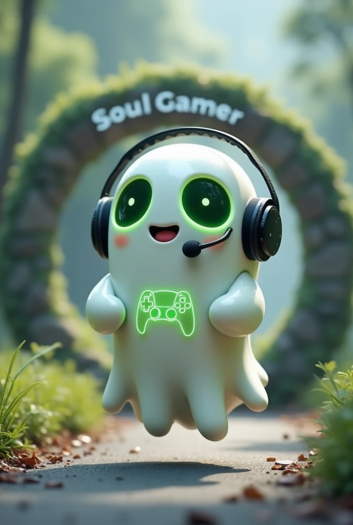 Create a medium-sized robot pet with a ghost-like appearance. With slightly rounded shapes resembling a drop and well-defined hands and arms. His facial expression has large, green eyes with a glow, conveying a friendly and cheerful expression. He has a small open mouth with a happy smile and flushed cheeks.. Its body is white with small green details and a smooth, slightly shiny texture.. He has a headset on his head with an adjustable microphone positioned close to his mouth.. And on his chest you can see the illuminated shape of a Playstation 5 controller in fluorescent green.. It floats in the air, as if he were ready for an adventure. Behind the character you can see a portal and on it is written "Soul Gamer".