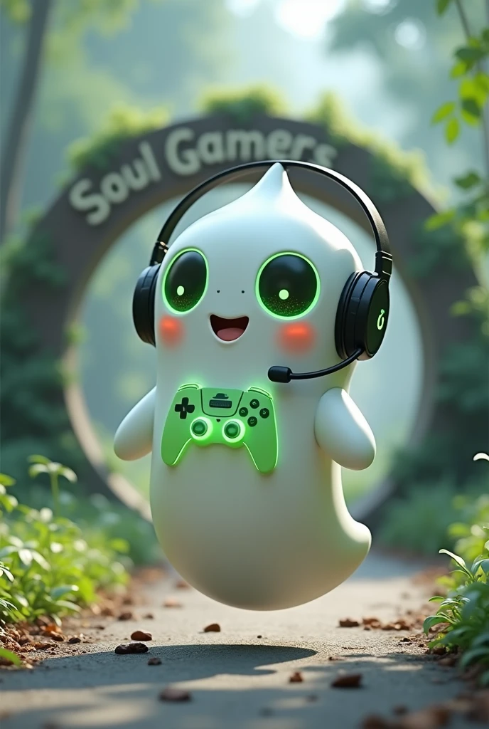 Create a medium-sized robot pet with a ghost-like appearance. With slightly rounded shapes resembling a drop and well-defined hands and arms. His facial expression has large, green eyes with a glow, conveying a friendly and cheerful expression. He has a small open mouth with a happy smile and flushed cheeks.. Its body is white with small green details and a smooth, slightly shiny texture.. He has a headset on his head with an adjustable microphone positioned close to his mouth.. And on his chest you can see the illuminated shape of a Playstation 5 controller in fluorescent green.. It floats in the air, as if he were ready for an adventure. Behind the character you can see a portal and on it is written "Soul Gamer".