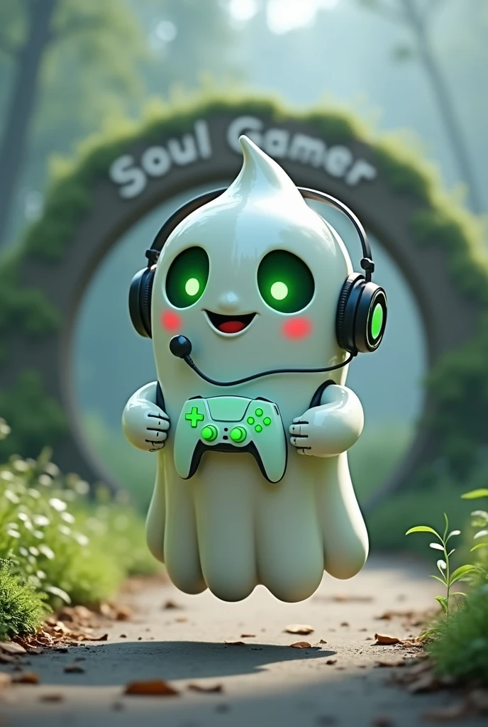 Create a medium-sized robot pet with a ghost-like appearance. With slightly rounded shapes resembling a drop and well-defined hands and arms. His facial expression has large, green eyes with a glow, conveying a friendly and cheerful expression. He has a small open mouth with a happy smile and flushed cheeks.. Its body is white with small green details and a smooth, slightly shiny texture.. He has a headset on his head with an adjustable microphone positioned close to his mouth.. And on his chest you can see the illuminated shape of a Playstation 5 controller in fluorescent green.. It floats in the air, as if he were ready for an adventure. Behind the character you can see a portal and on it is written "Soul Gamer".